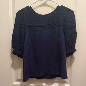 LOFT Dark Blue Blouse with Textured Puff Sleeves